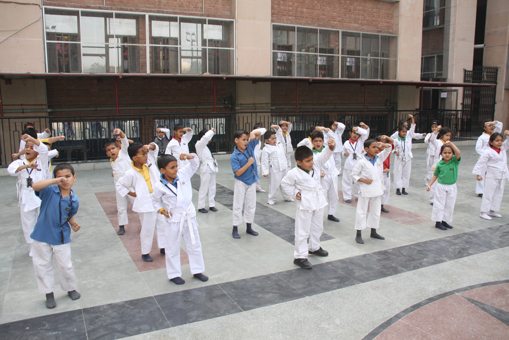 Students learning taekwondo in school premises