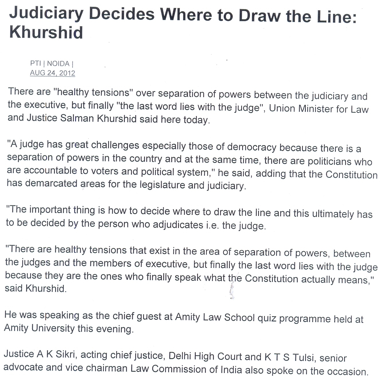 Judiciary decides where to draw the line, says Minister for Law & Justice Salman Khurshid at Amity