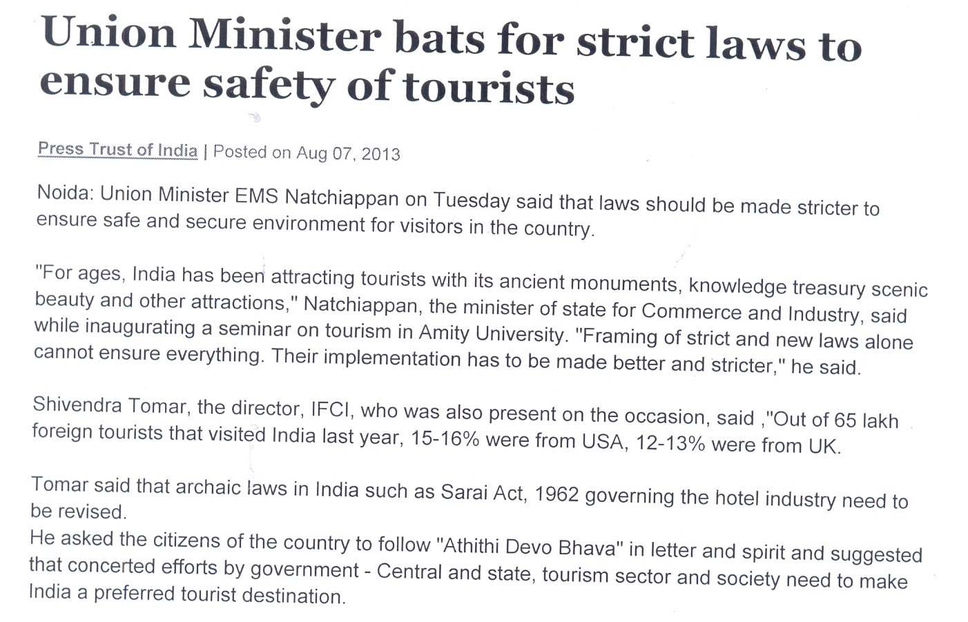 Union Minister Natchiappan bats for stricter laws to ensure tourists safety during seminar at Amity