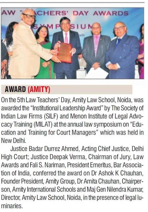 Amity Law School Noida awarded the prestigious Institutional Leadership Award