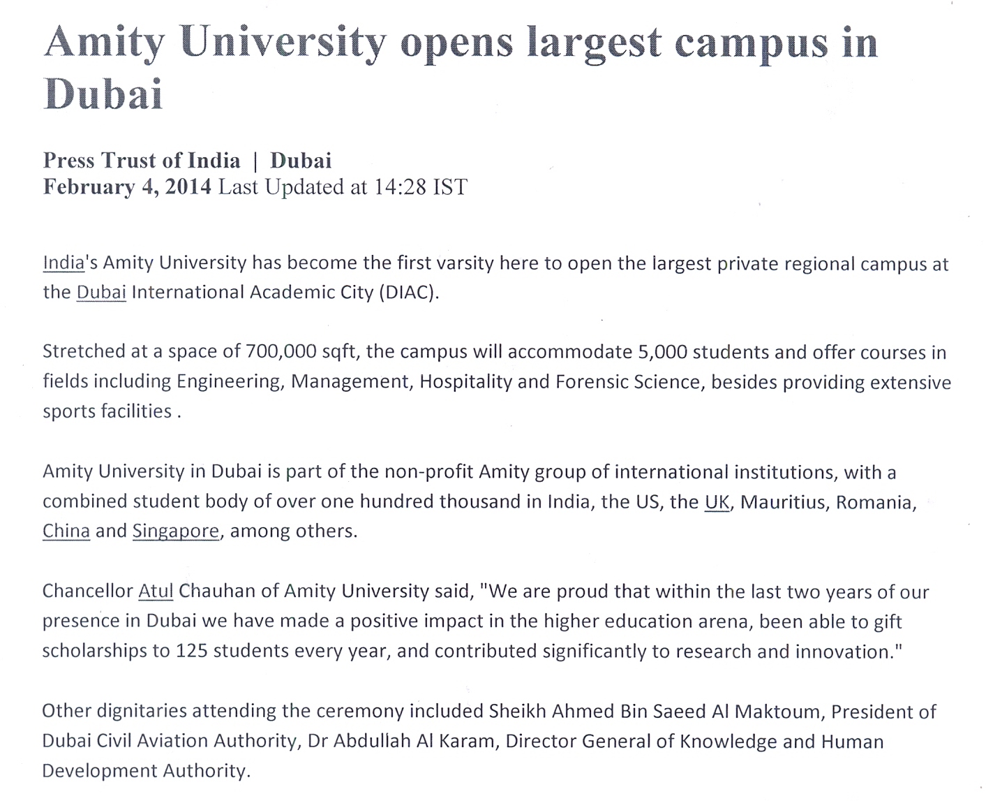 Amity University opens largest campus in Dubai