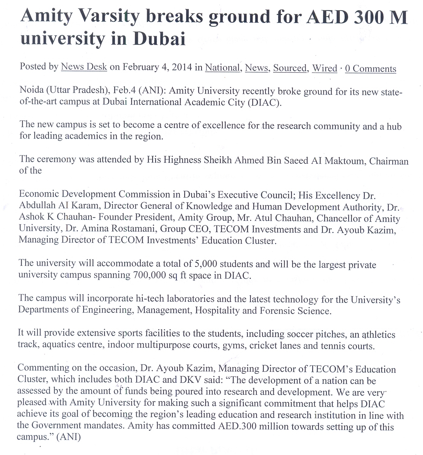 Amity University opens largest campus in Dubai