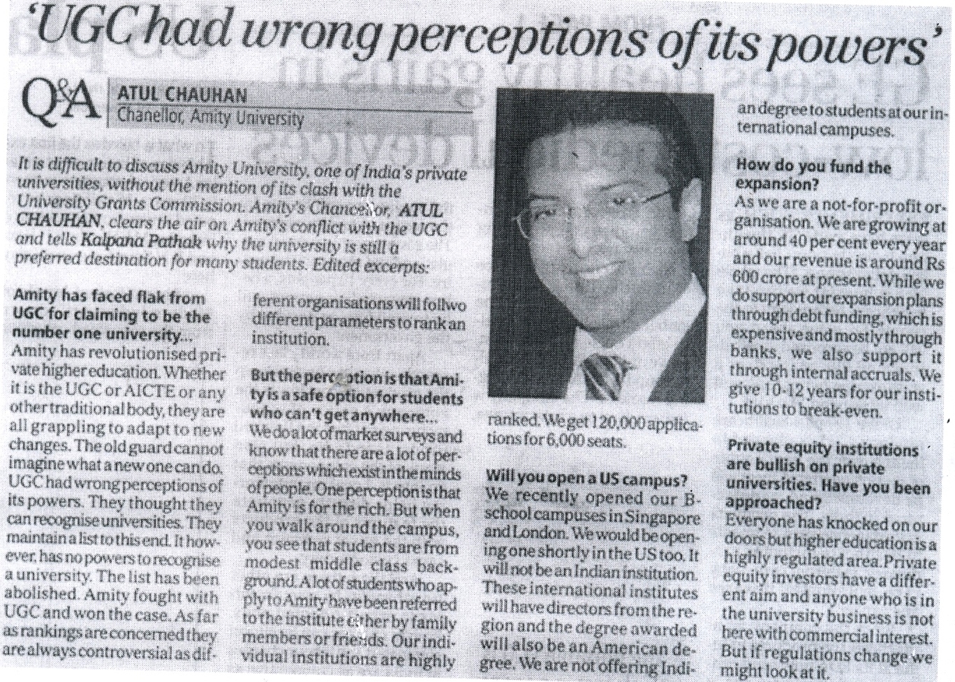 UGC had wrong perceptions of its power- Atul Chauhan, Chancellor, Amity University